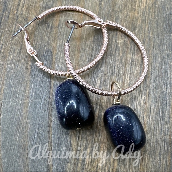 Chunky big Sandstone /Goldstone spheres drops dangle earrings bohemian rose gold - Picture 1 of 5